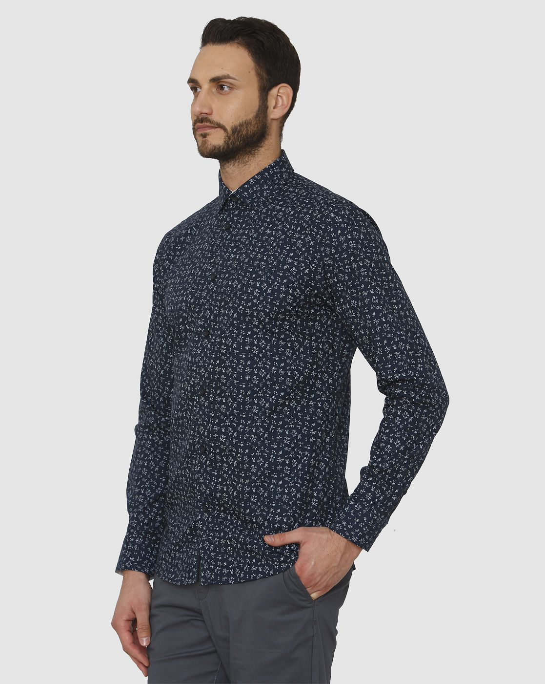 Dark Blue All Over Print Slim Fit Full Sleeves Shirt