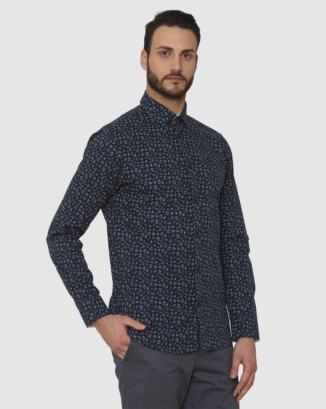 Dark Blue All Over Print Slim Fit Full Sleeves Shirt