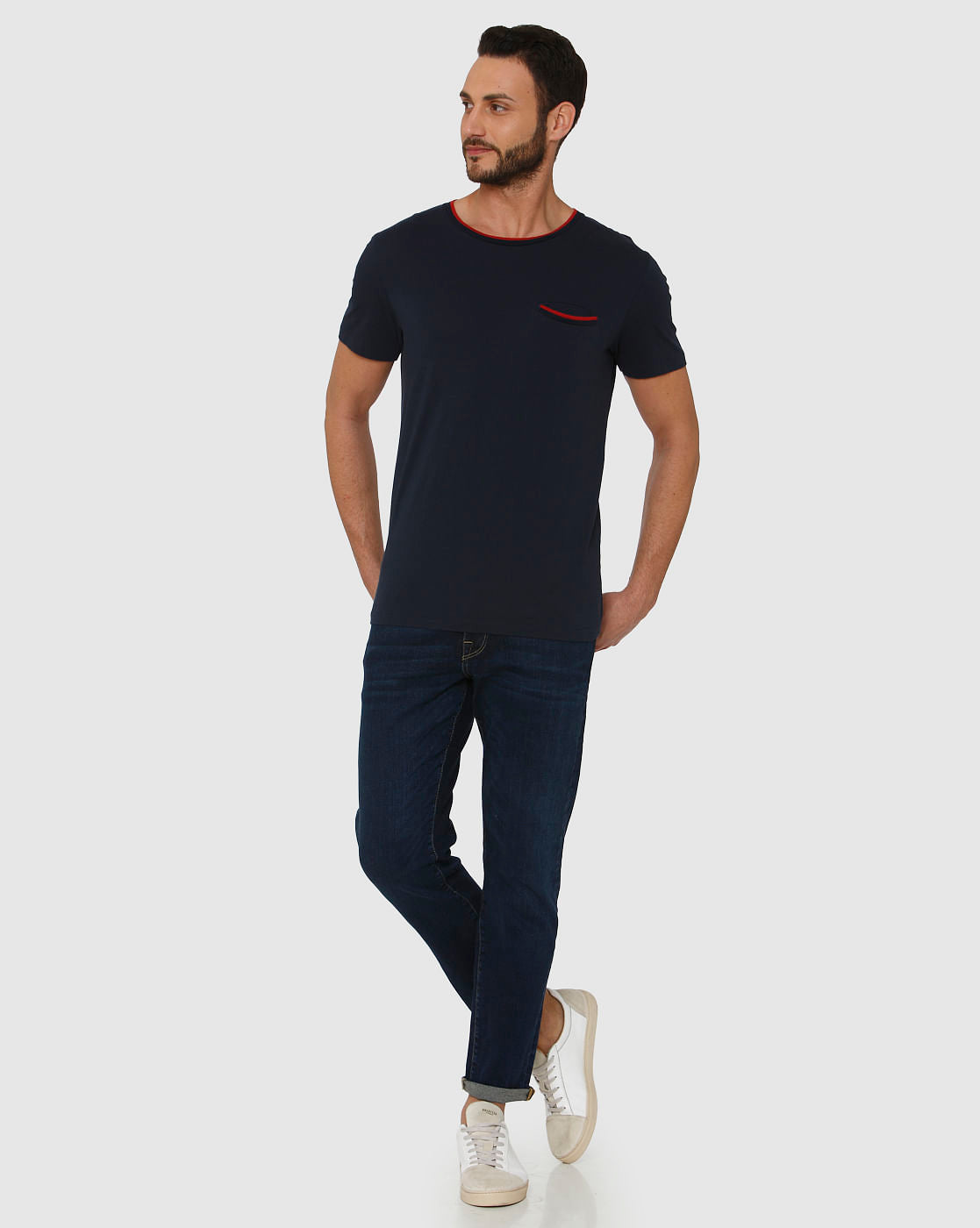 Blue Contrast Tipping Crew Neck T-Shirt