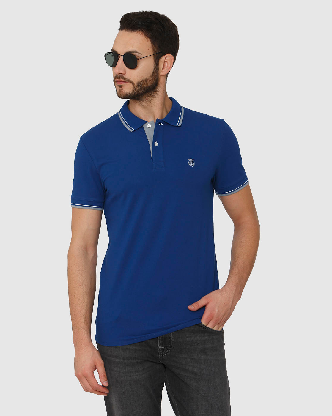 Blue Contrast Tipping Polo Neck T-Shirt