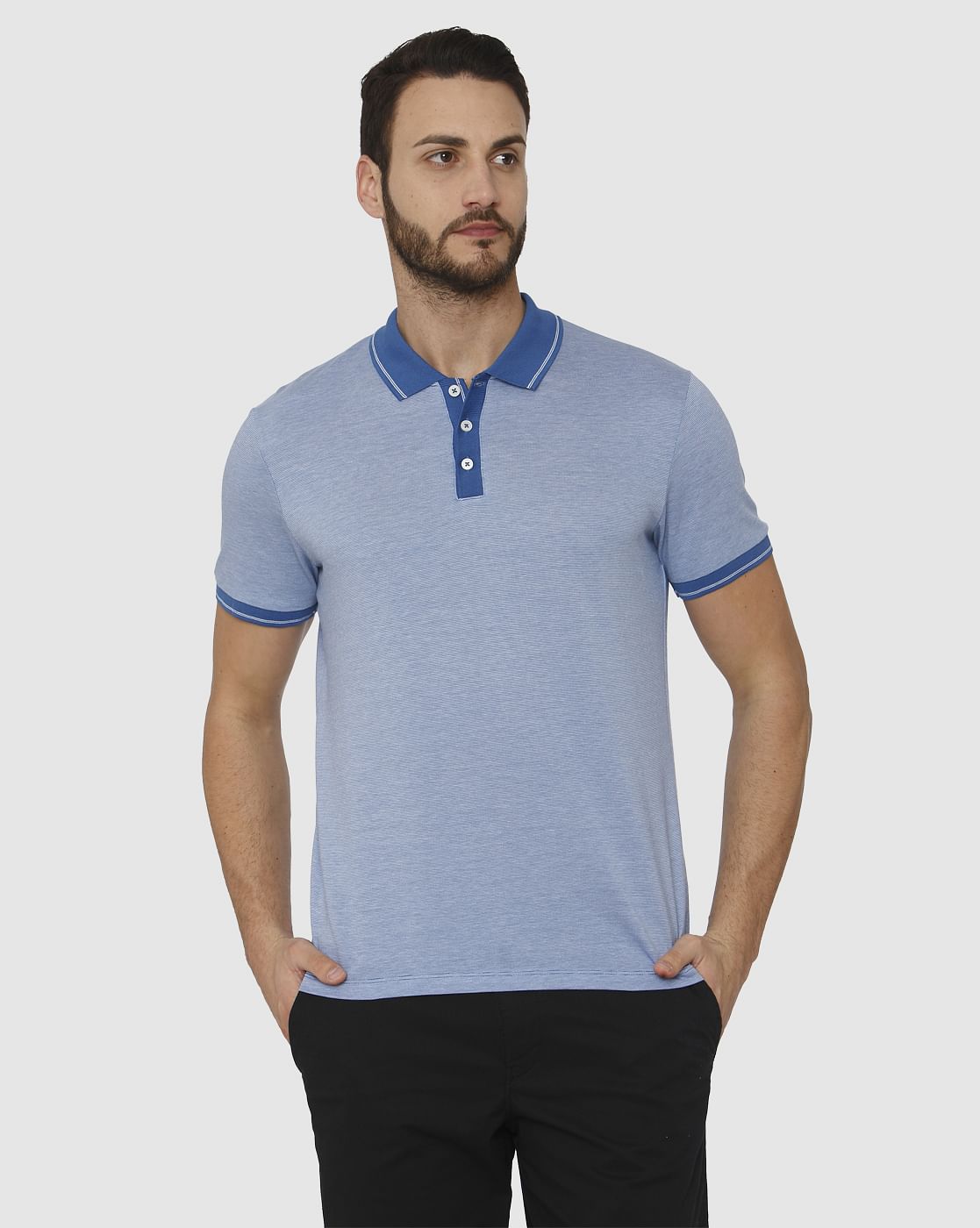 Blue Contrast Tipping Polo Neck T-Shirt