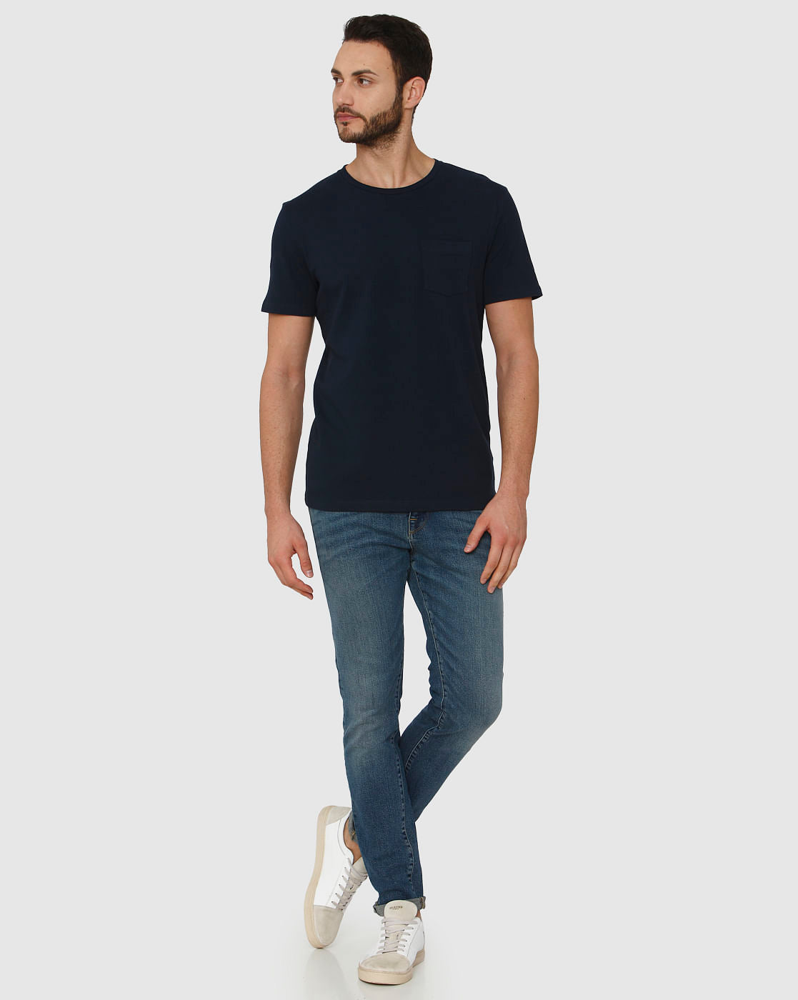 Blue Front Chest Pocket Crew Neck T-Shirt