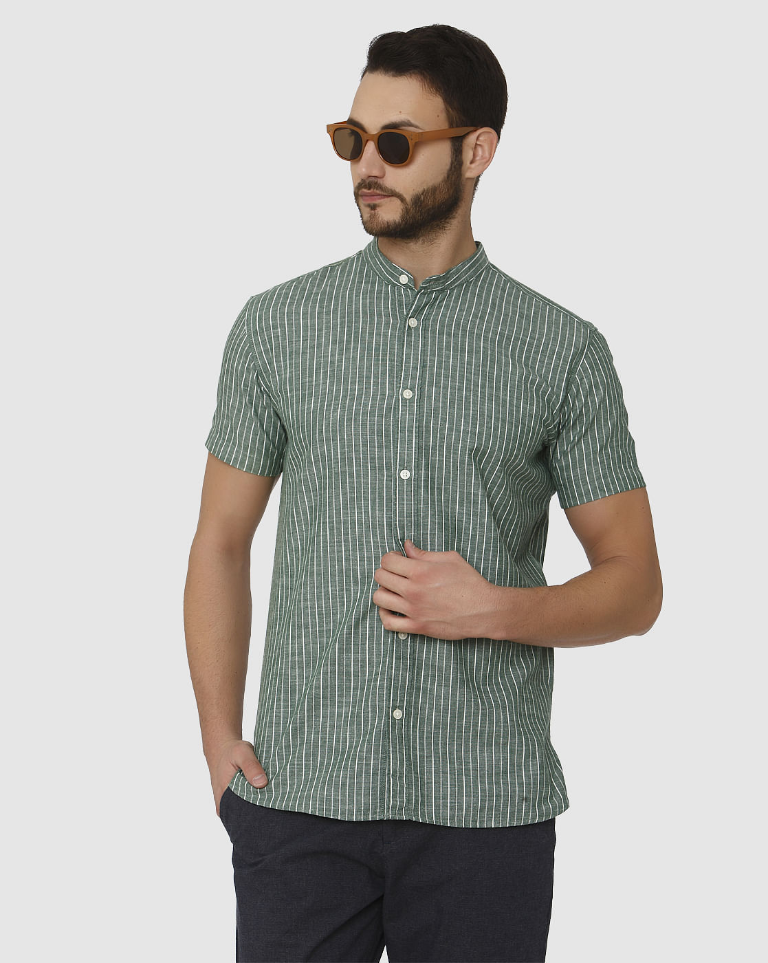 Green Striped Slim Fit Short Sleeves Shirt