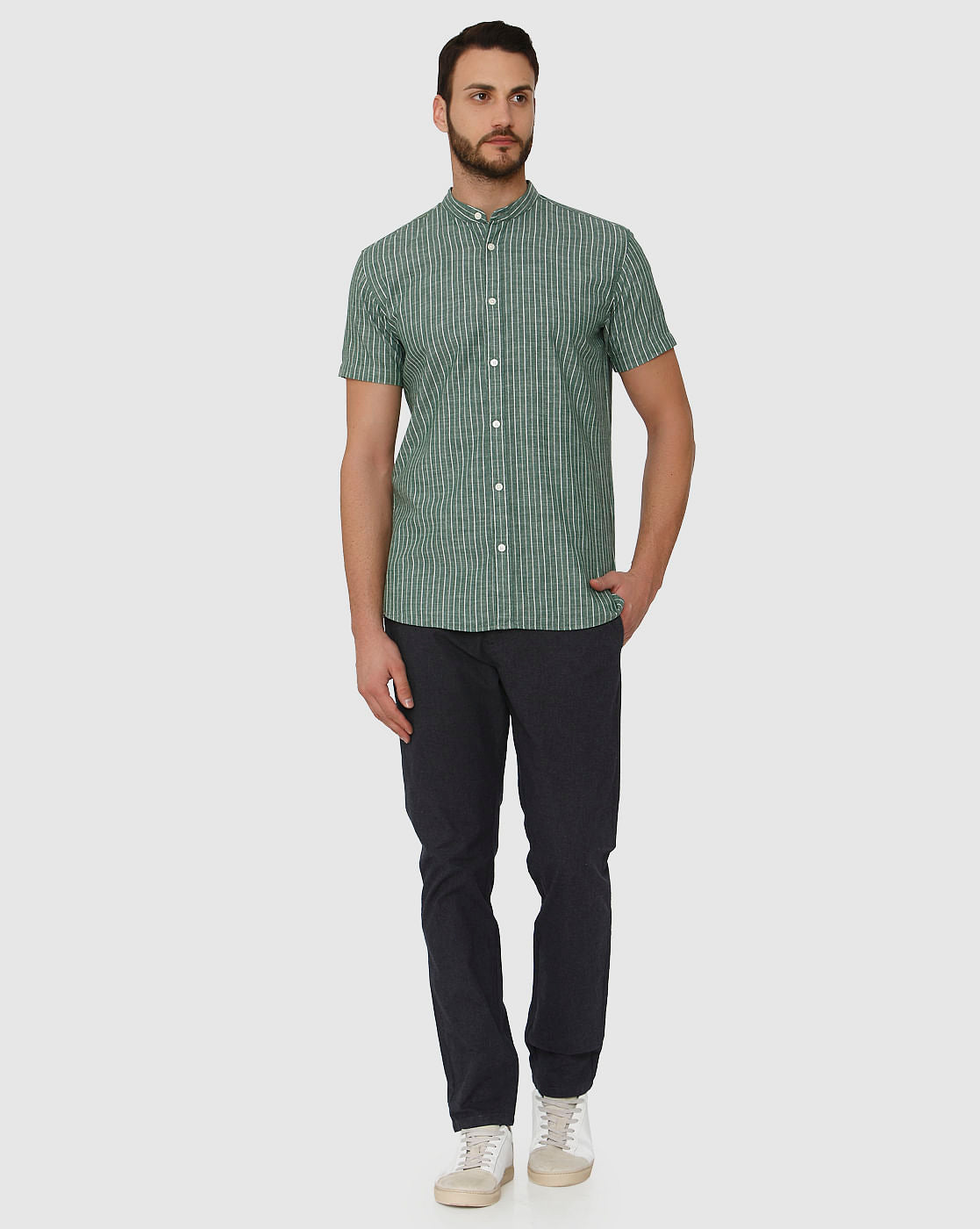 Green Striped Slim Fit Short Sleeves Shirt