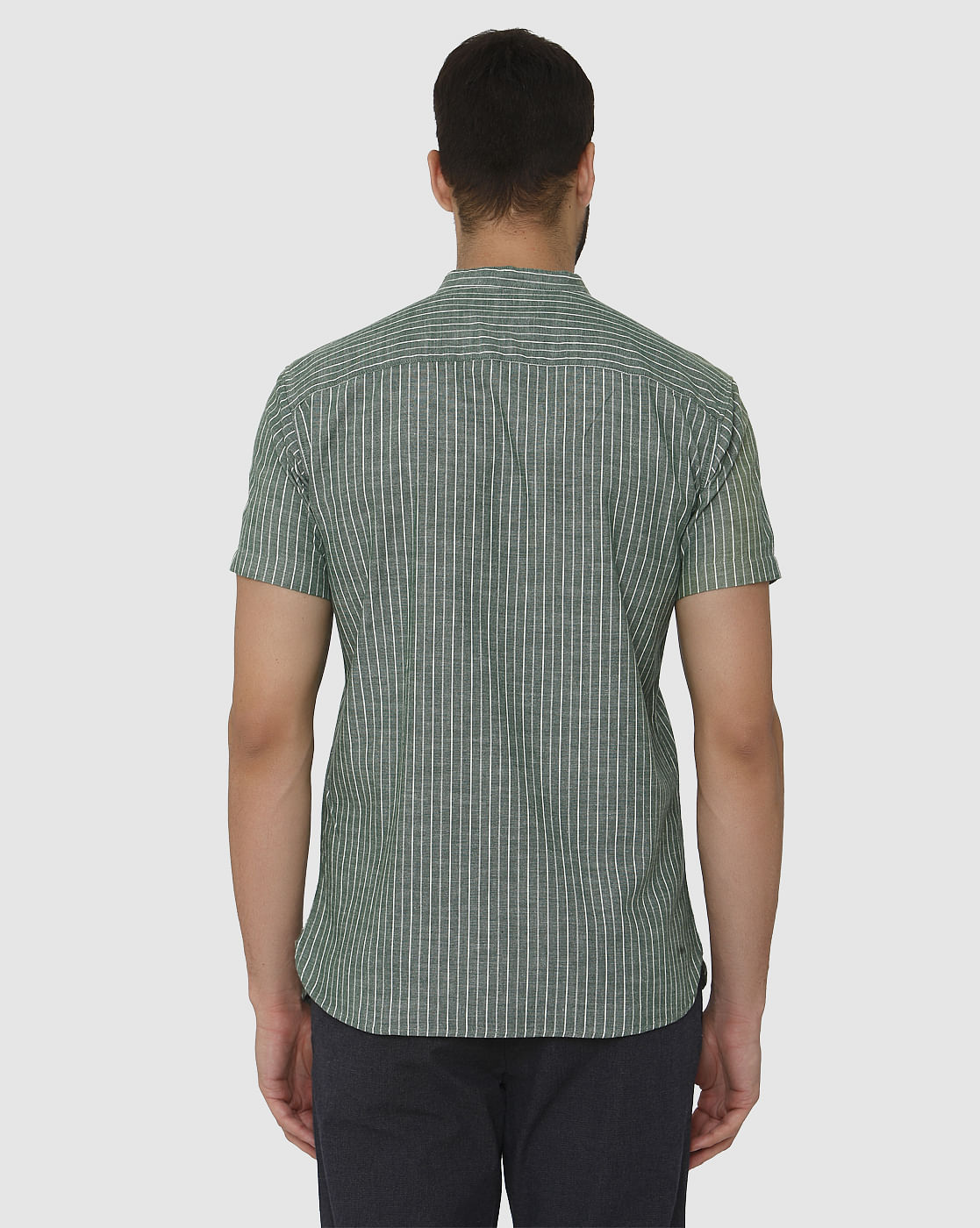 Green Striped Slim Fit Short Sleeves Shirt