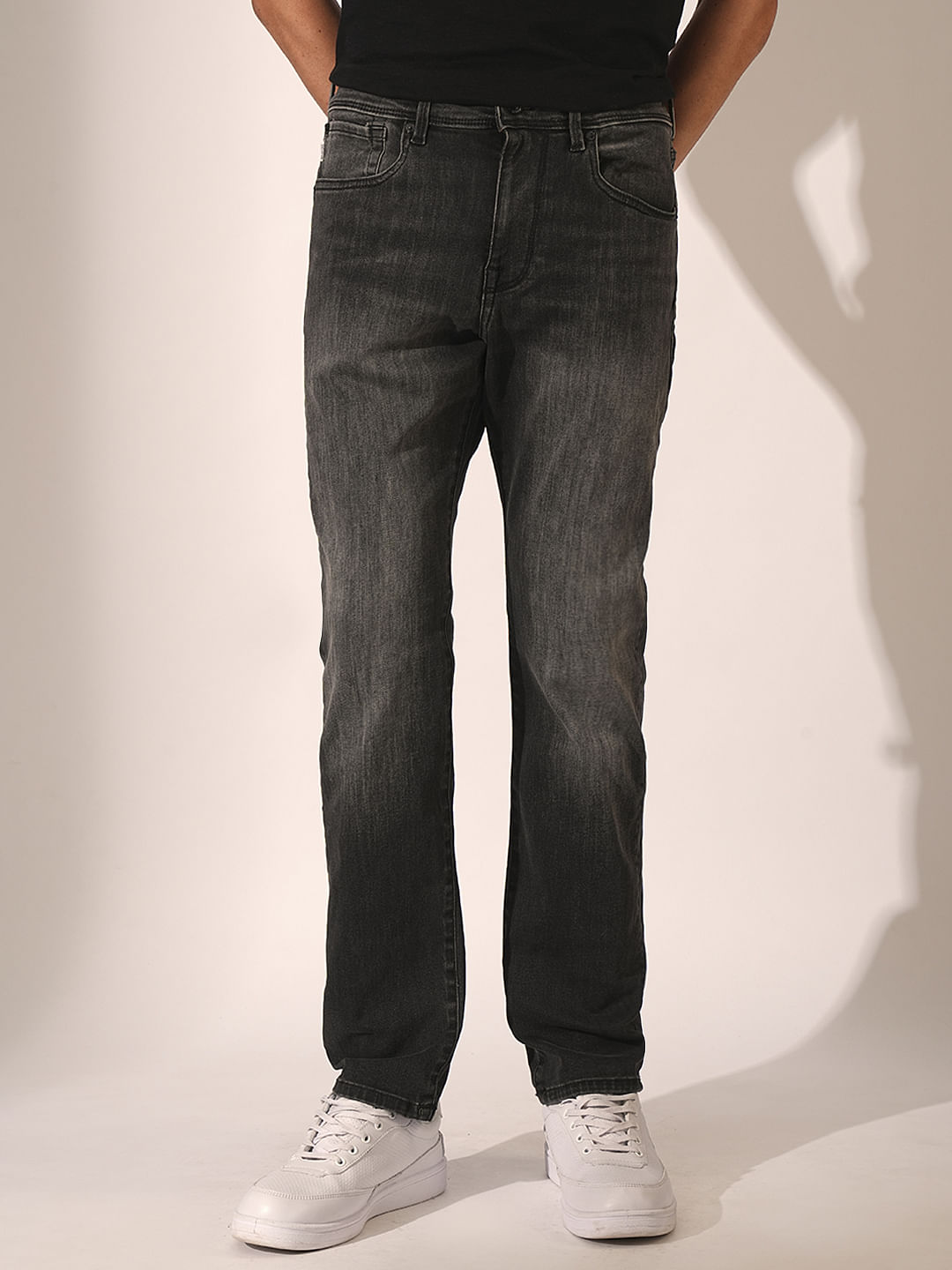 Dark Grey Mid Rise Straight Fit Jeans