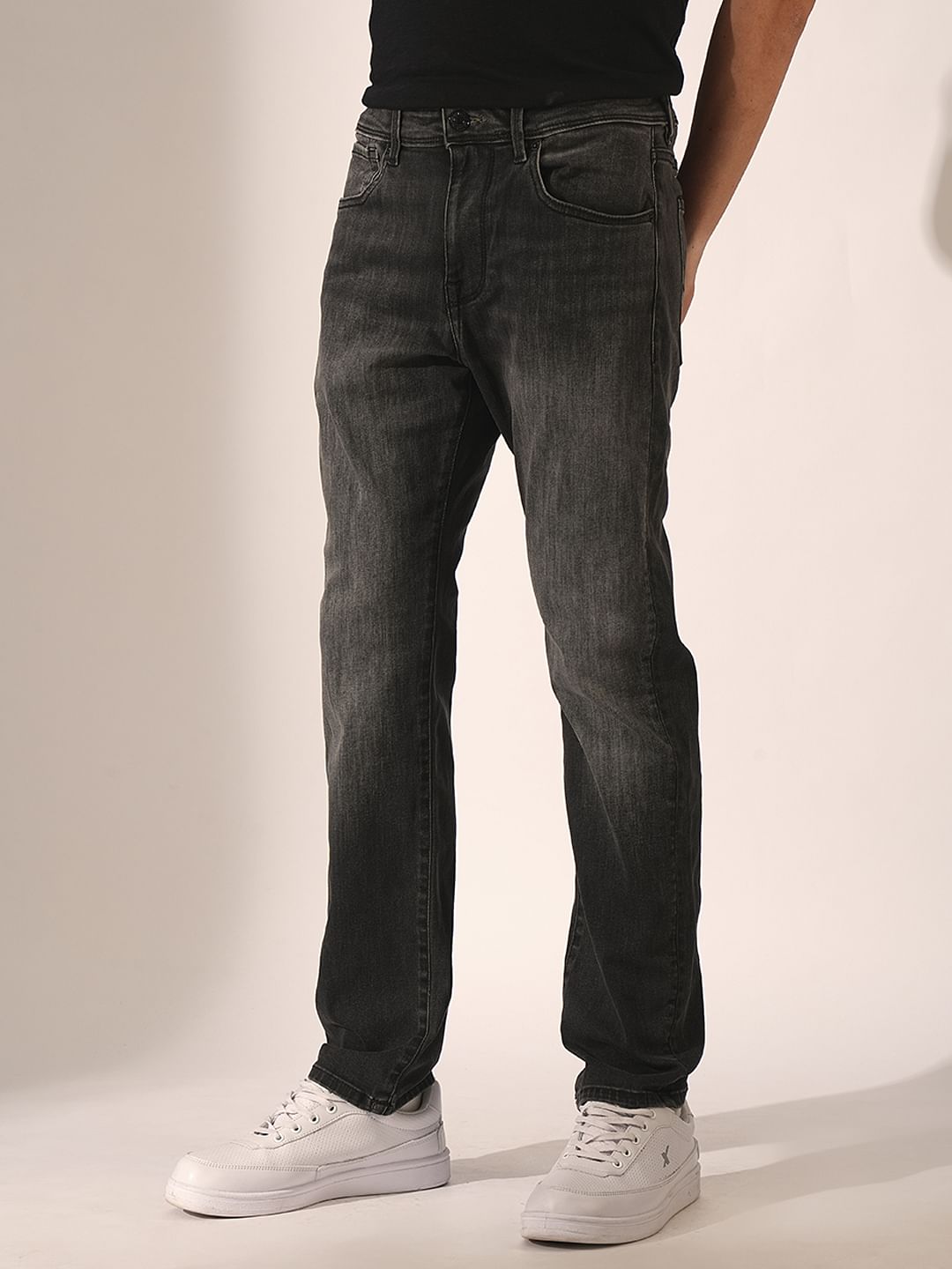 Dark Grey Mid Rise Straight Fit Jeans