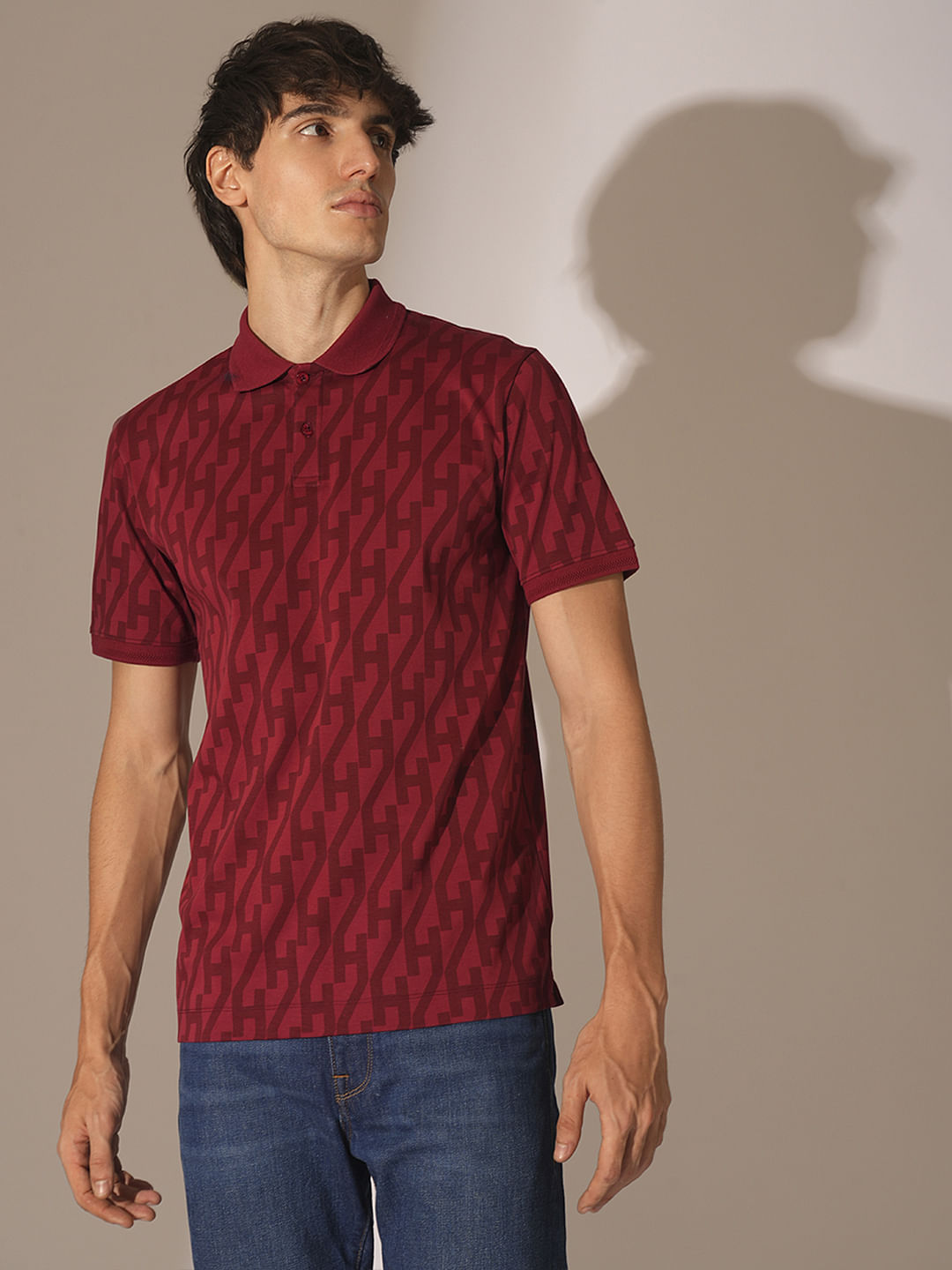 Red Logo Text Print Cotton Polo