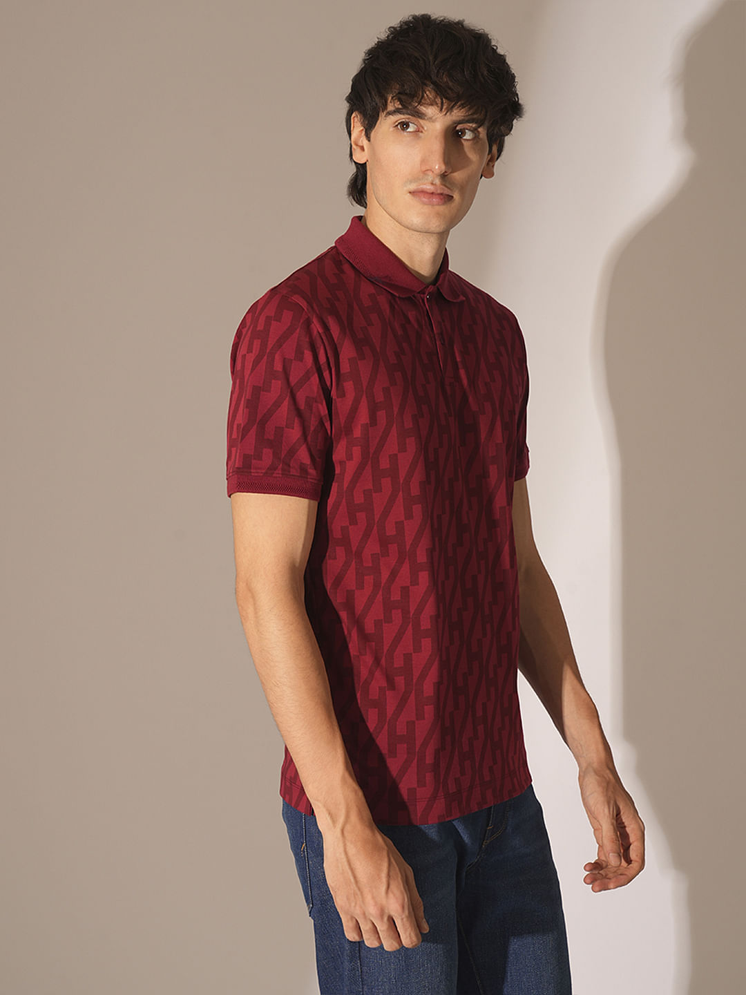 Red Logo Text Print Cotton Polo