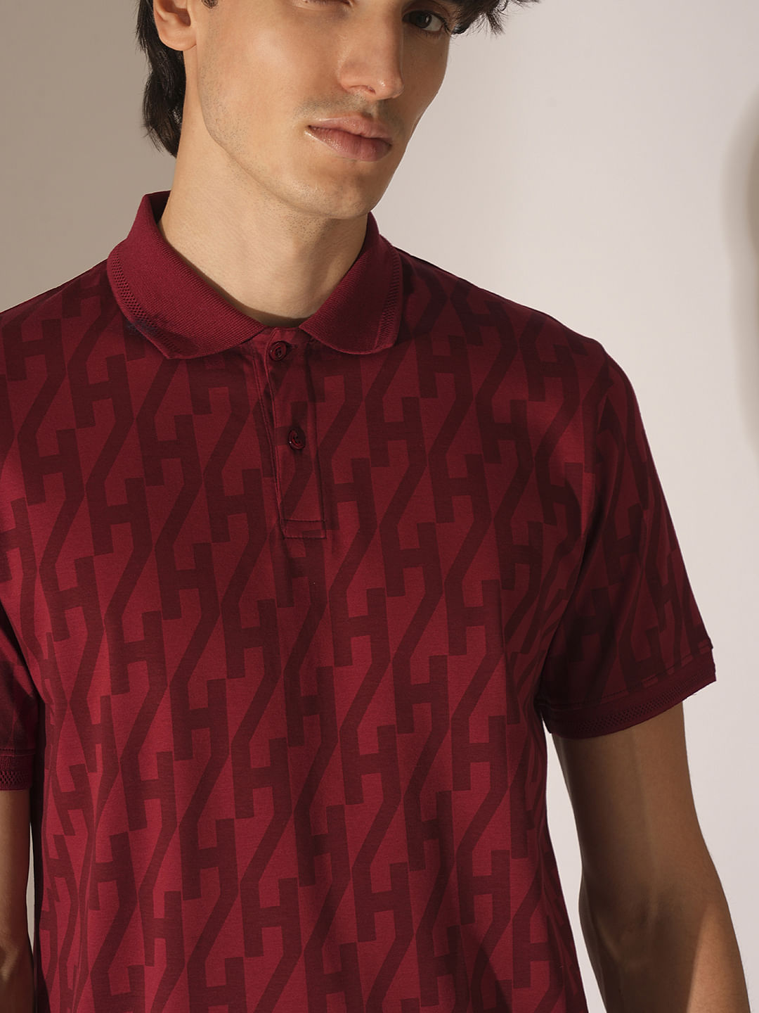 Red Logo Text Print Cotton Polo