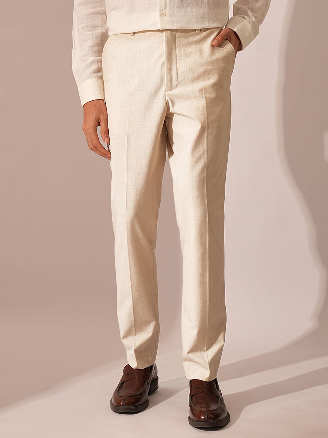 Beige Mid Rise Formal Suit-Set Trousers