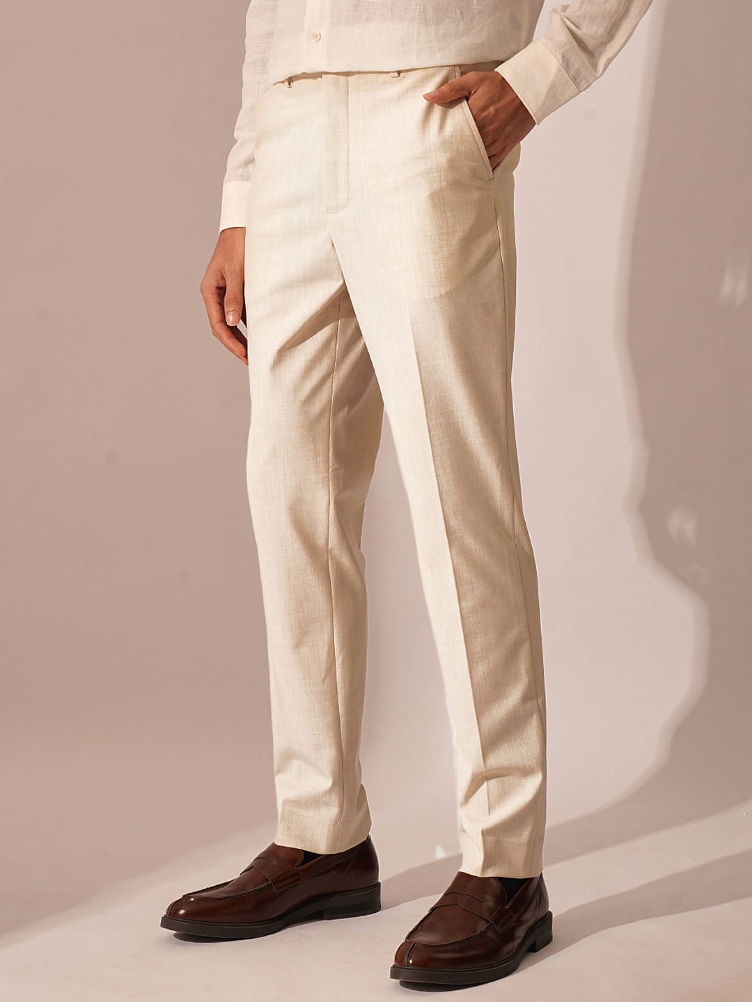 Beige Mid Rise Formal Suit-Set Trousers