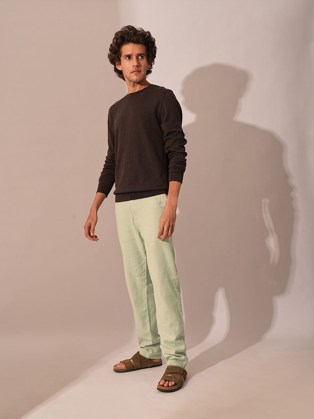 Green Mid Rise Linen Pants