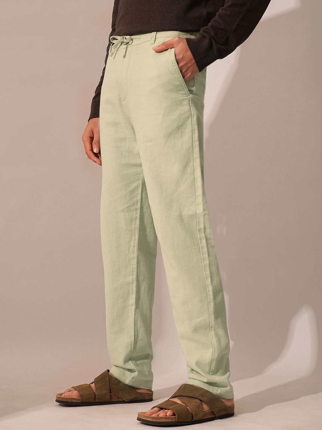 Green Mid Rise Linen Pants