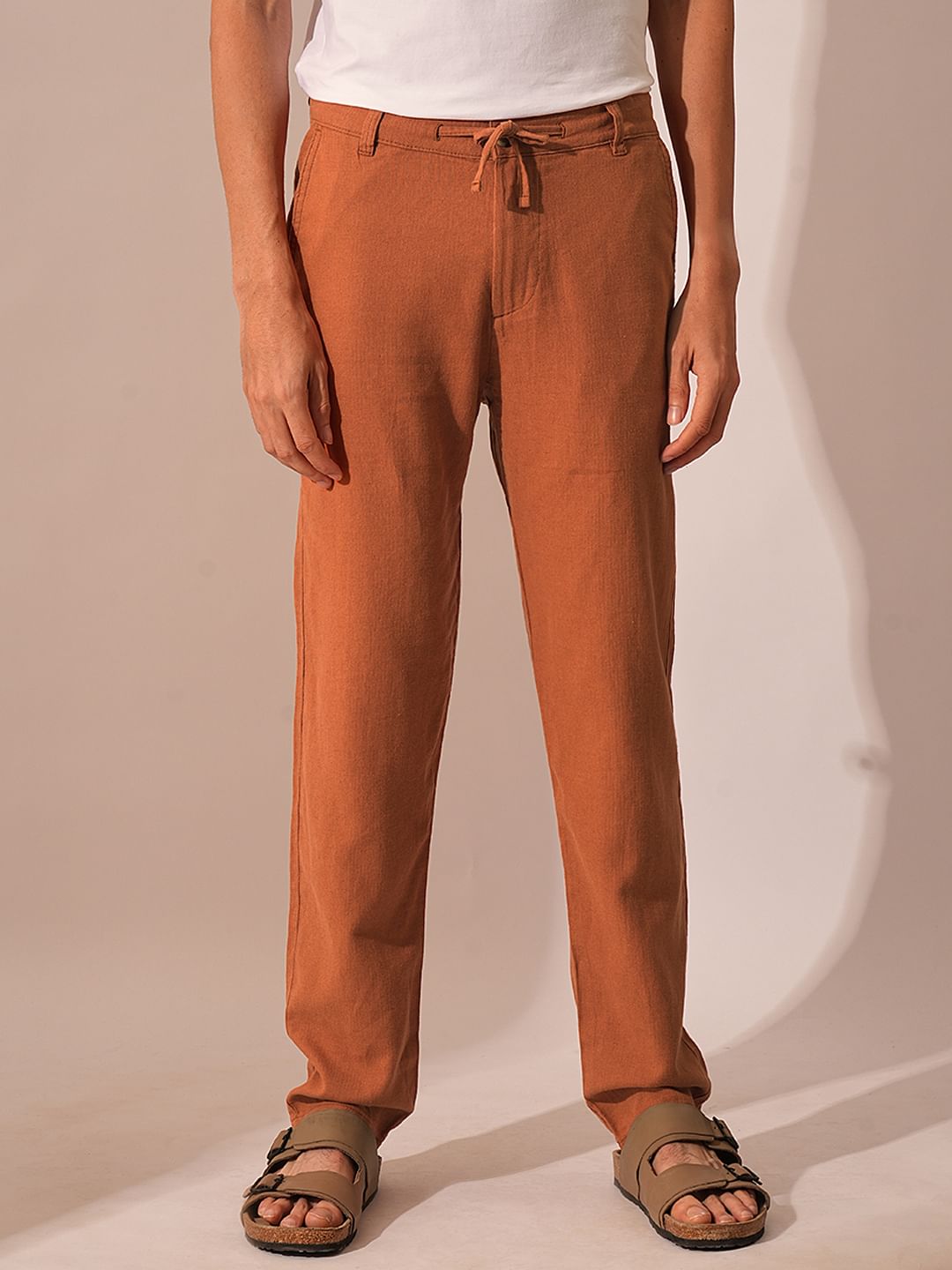 Brown Mid Rise Linen Pants