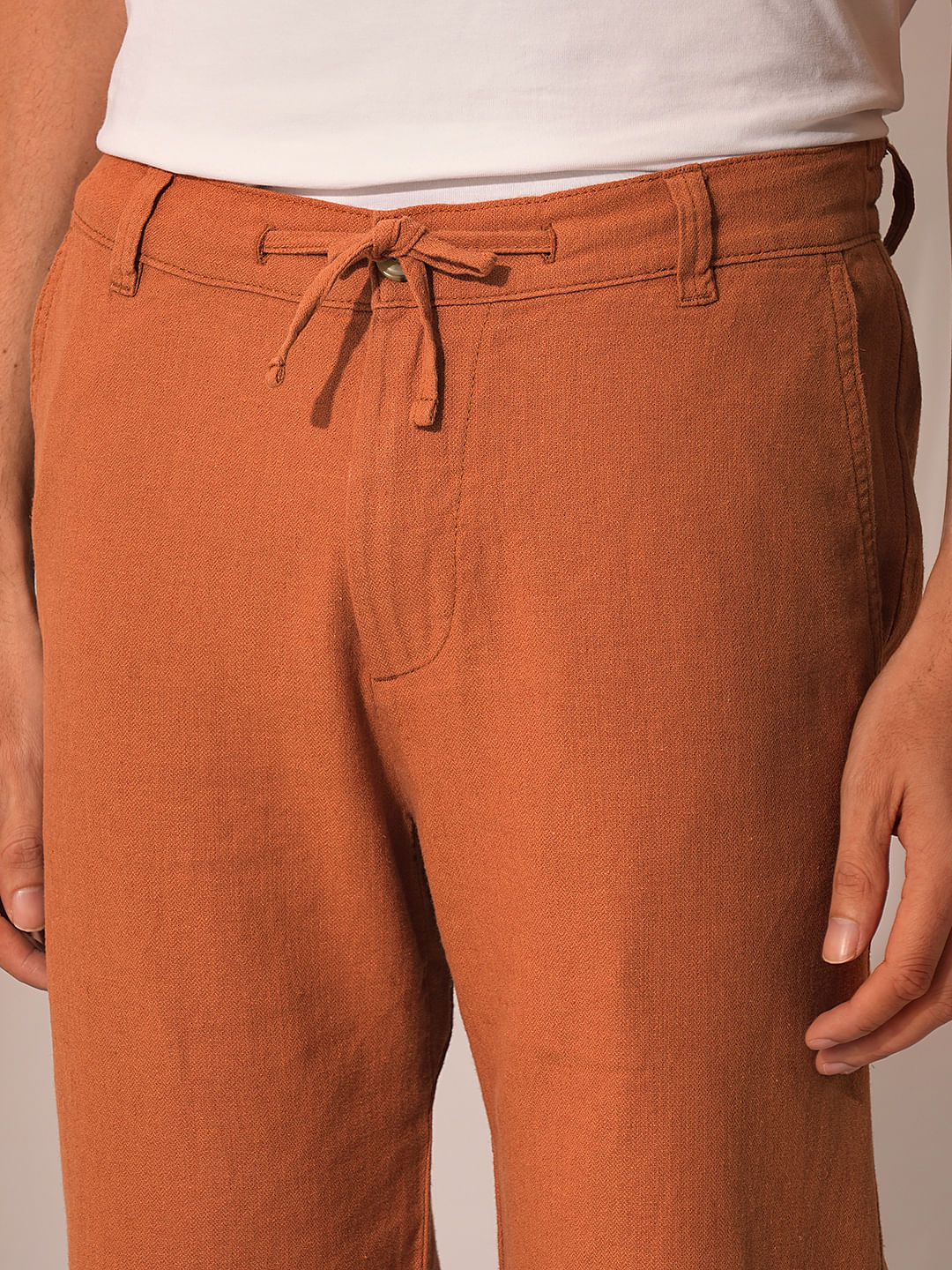 Brown Mid Rise Linen Pants