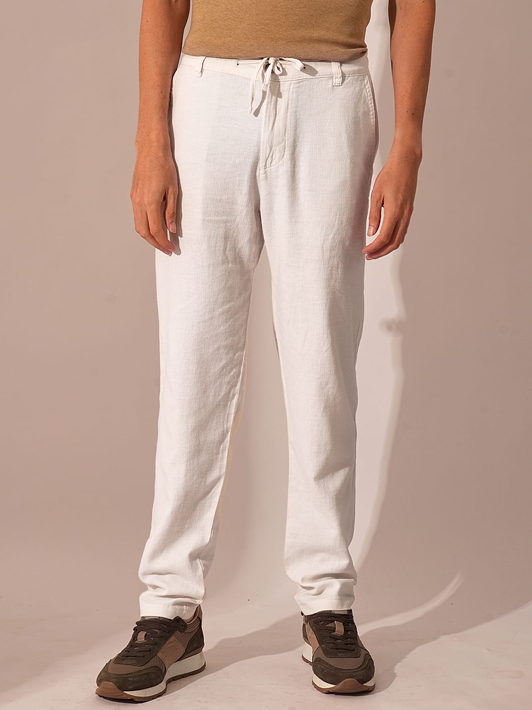 White Mid Rise Linen Pants