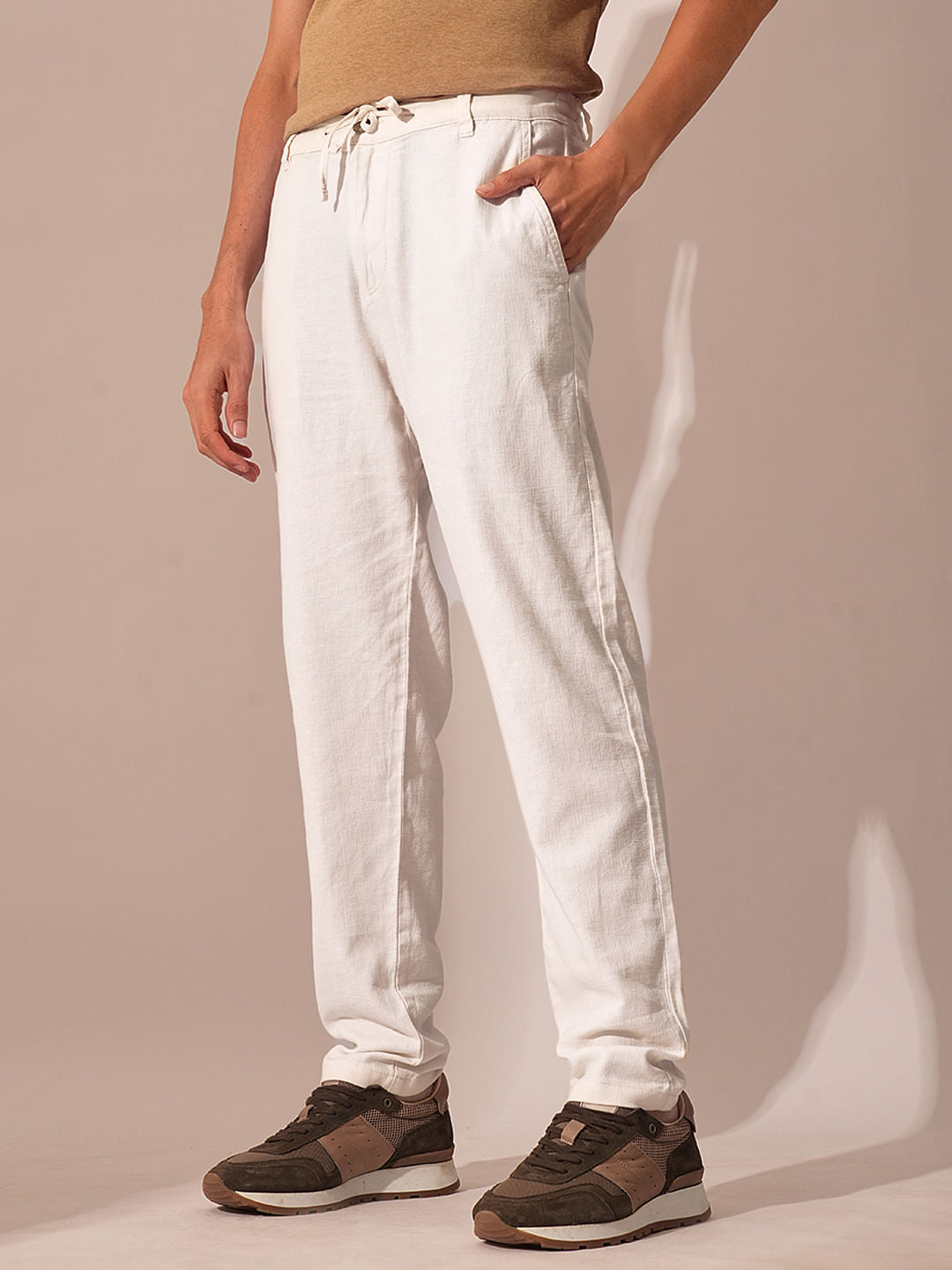White Mid Rise Linen Pants