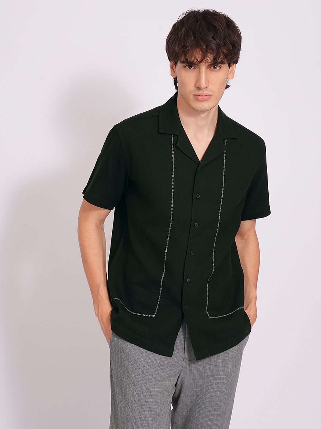 Olive Cuban Collar Cotton Shirt