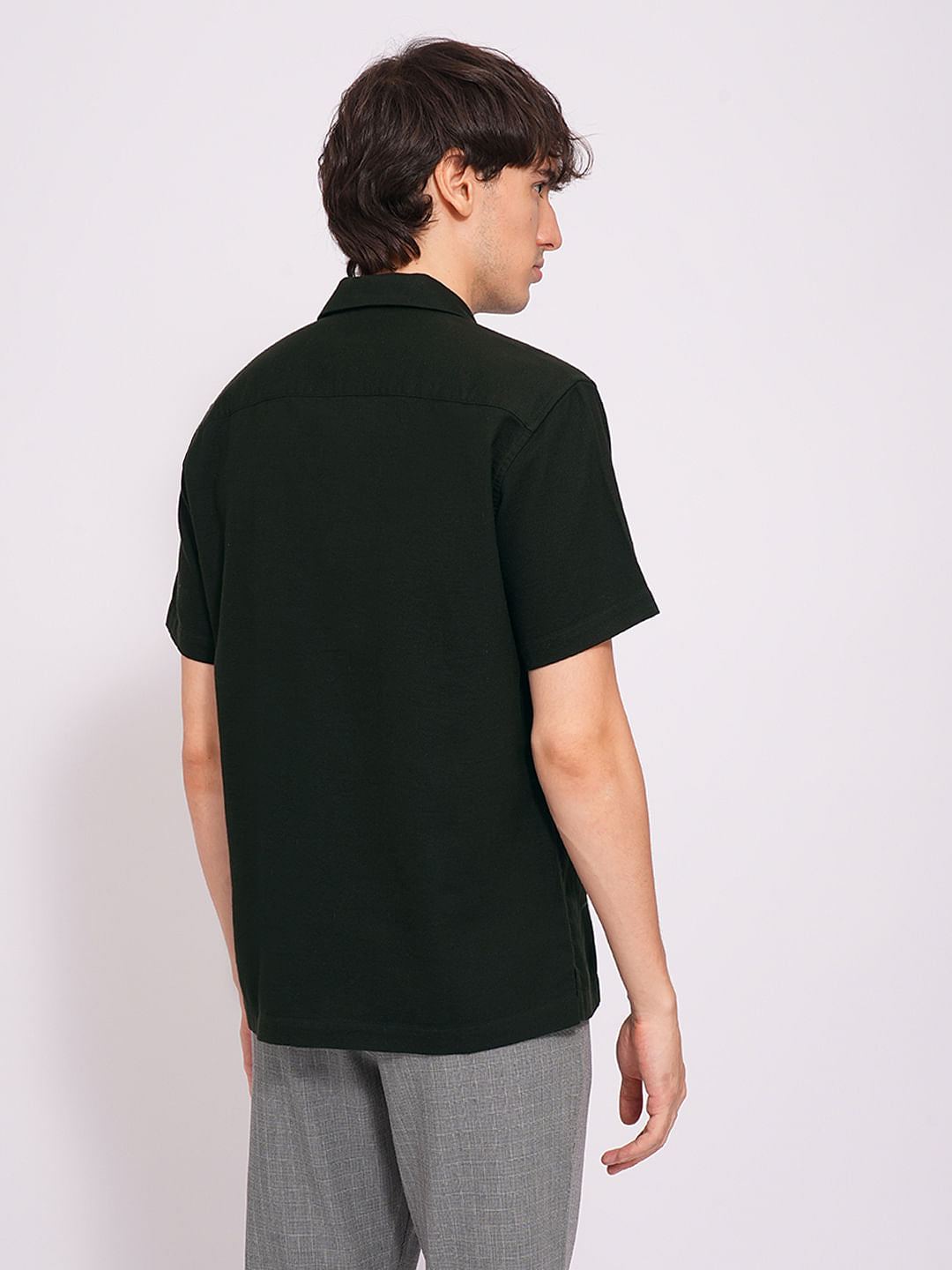 Olive Cuban Collar Cotton Shirt