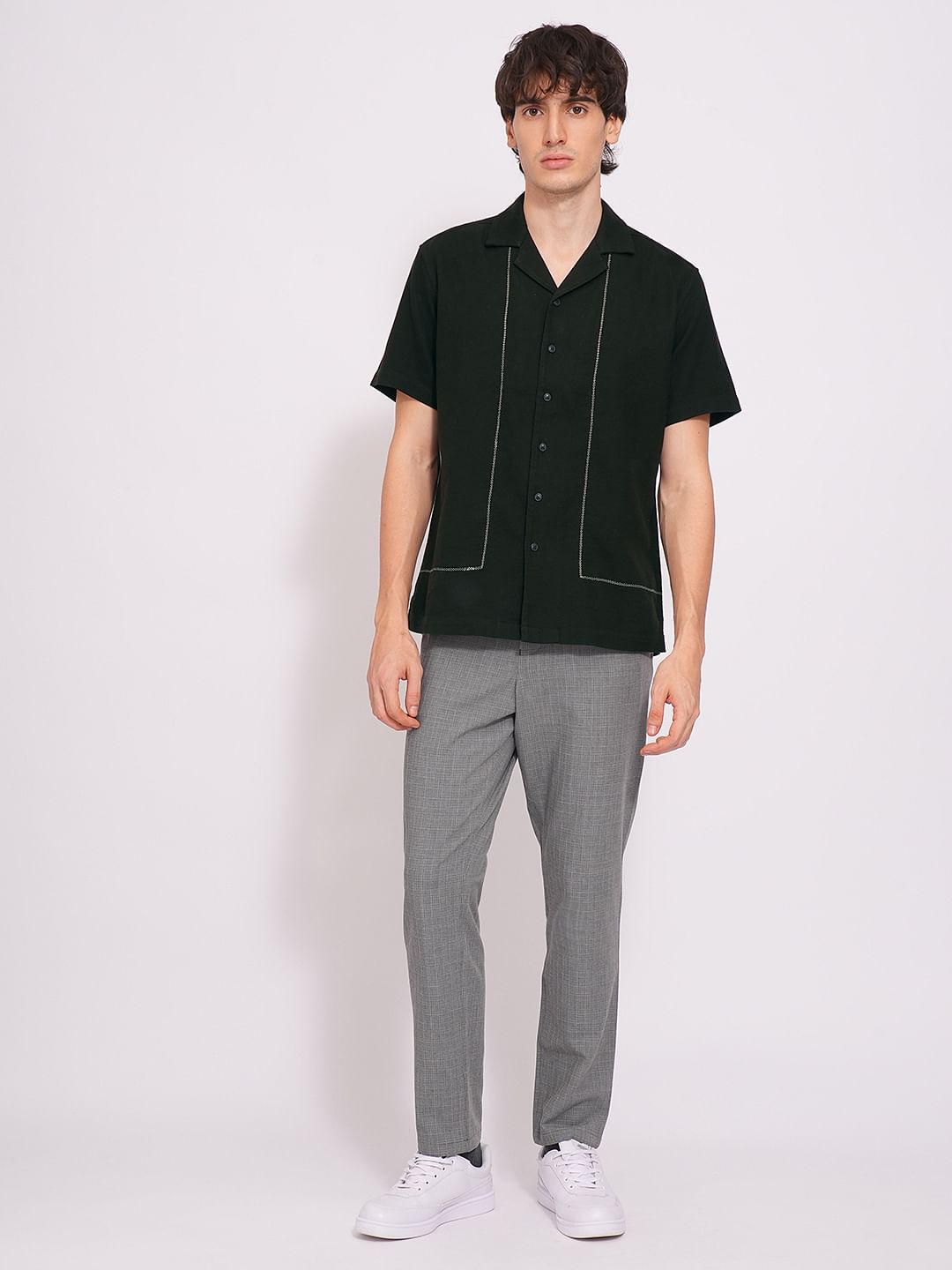 Olive Cuban Collar Cotton Shirt