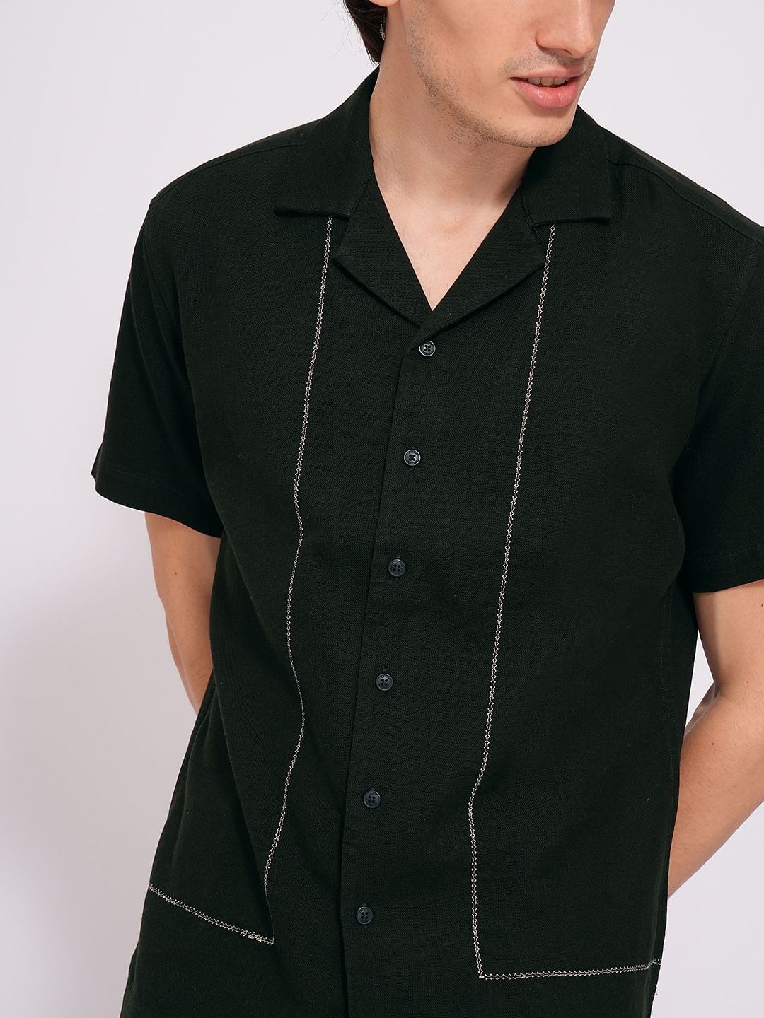 Olive Cuban Collar Cotton Shirt