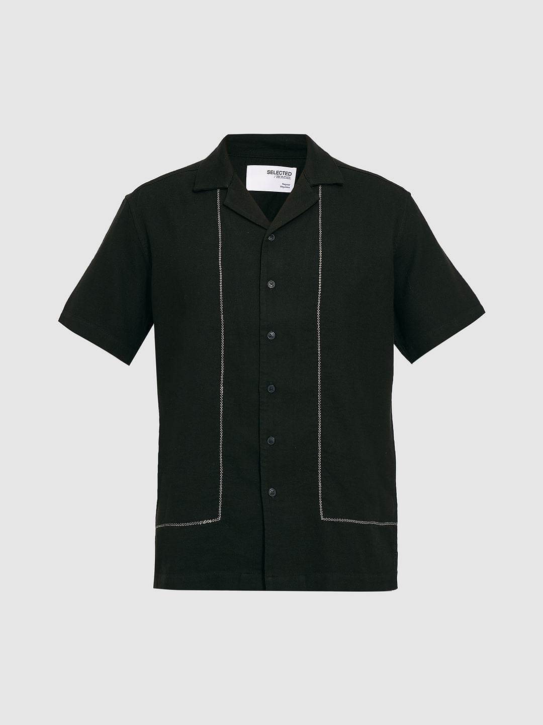 Olive Cuban Collar Cotton Shirt
