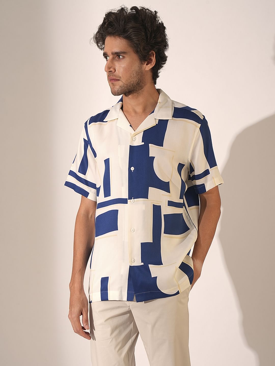 White Abstract Print Tencel Shirt