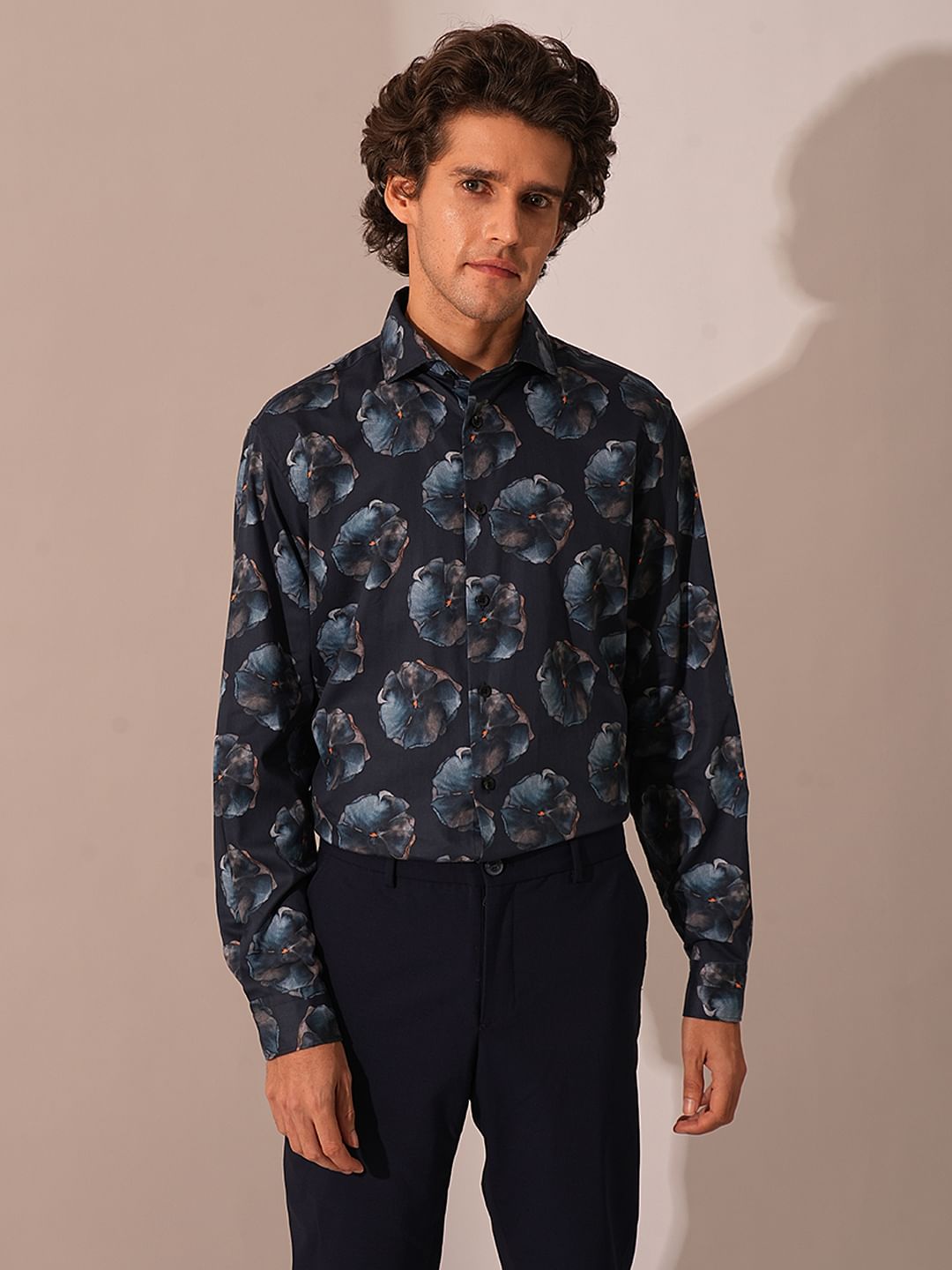 Blue Floral Print Cotton Shirt