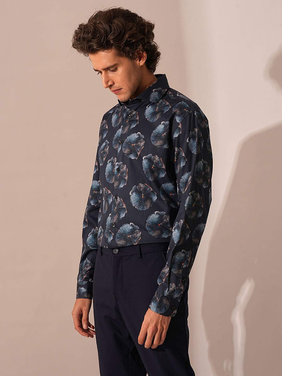 Blue Floral Print Cotton Shirt