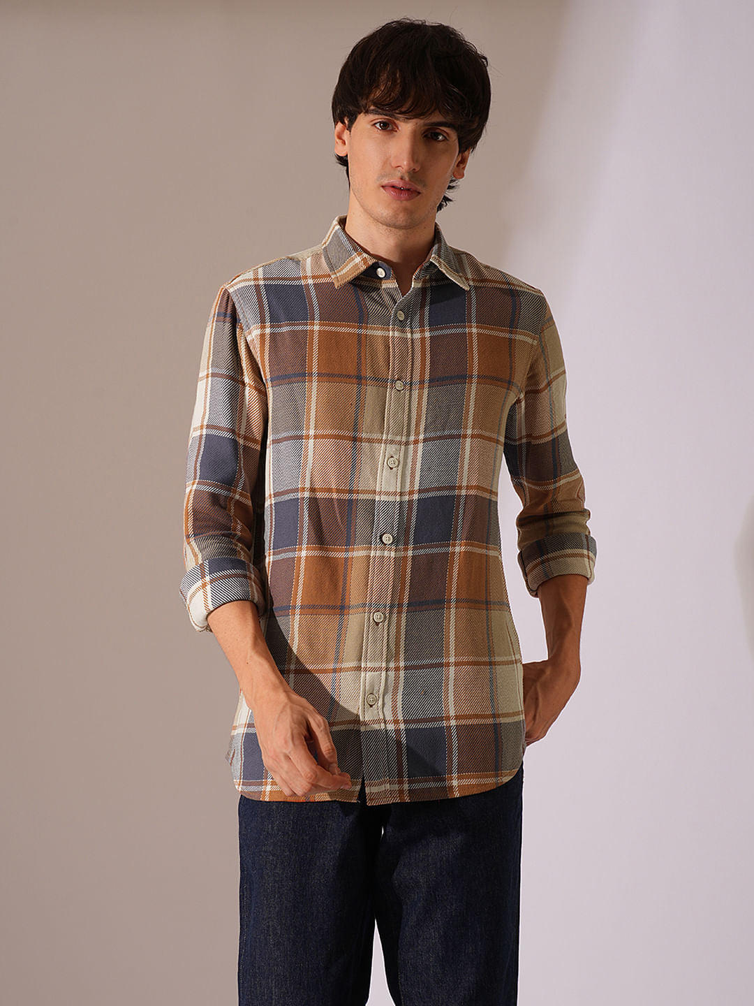 Brown Check Print Cotton Shirt
