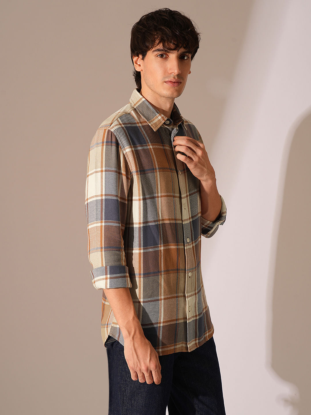 Brown Check Print Cotton Shirt