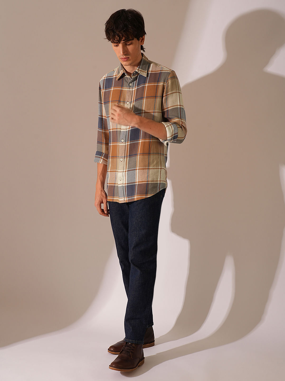 Brown Check Print Cotton Shirt