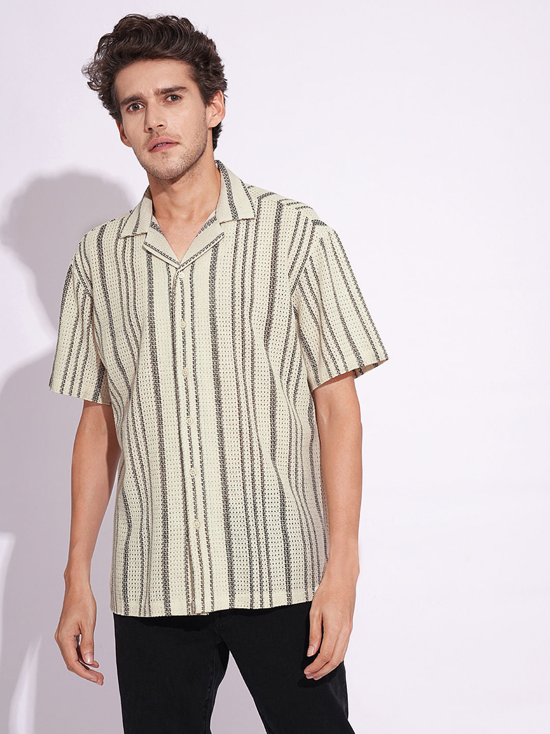 Beige Textured Striped Short Sleeves Shirt