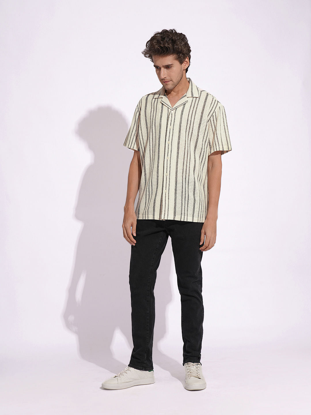 Beige Textured Striped Short Sleeves Shirt