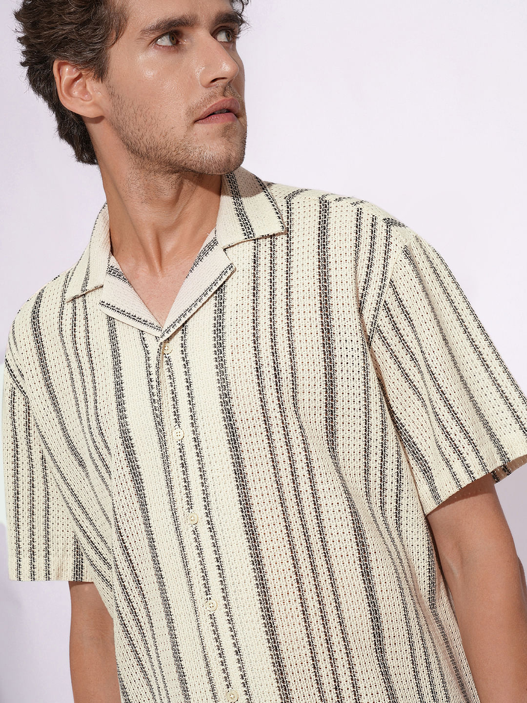Beige Textured Striped Short Sleeves Shirt