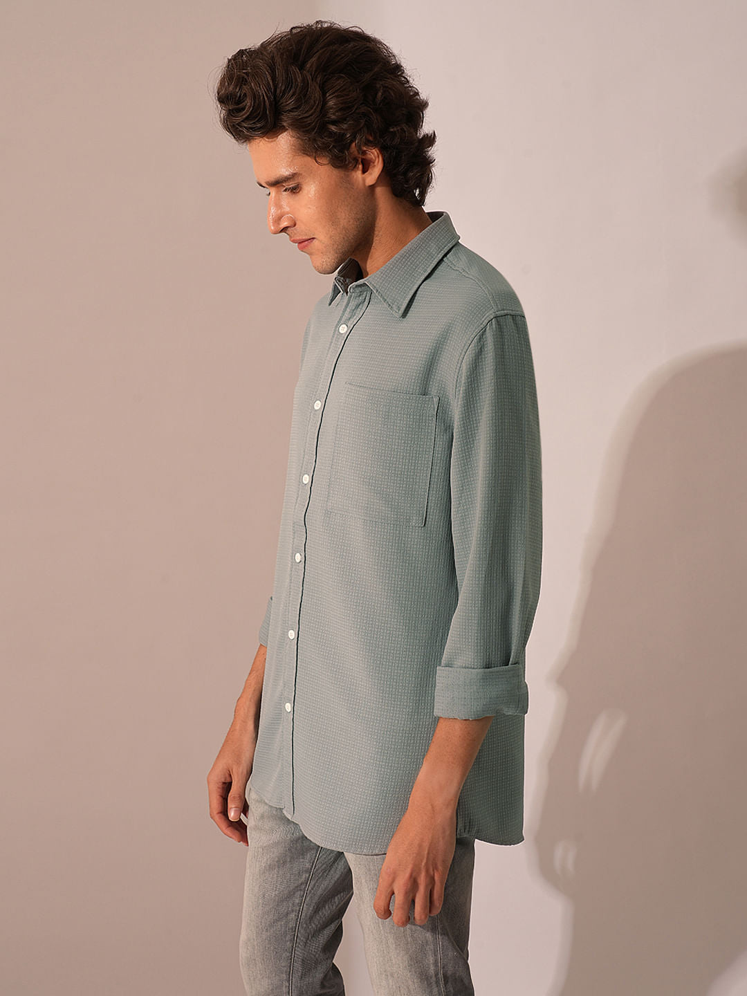 Grey Waffle Textured Cotton Shirt