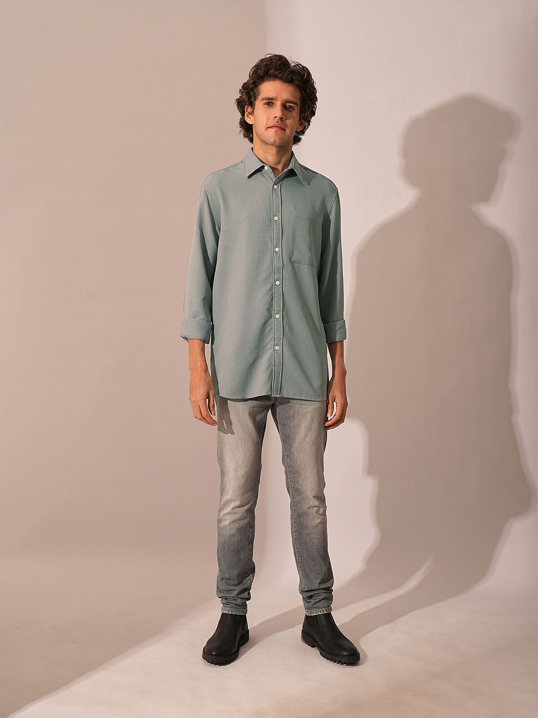 Grey Waffle Textured Cotton Shirt