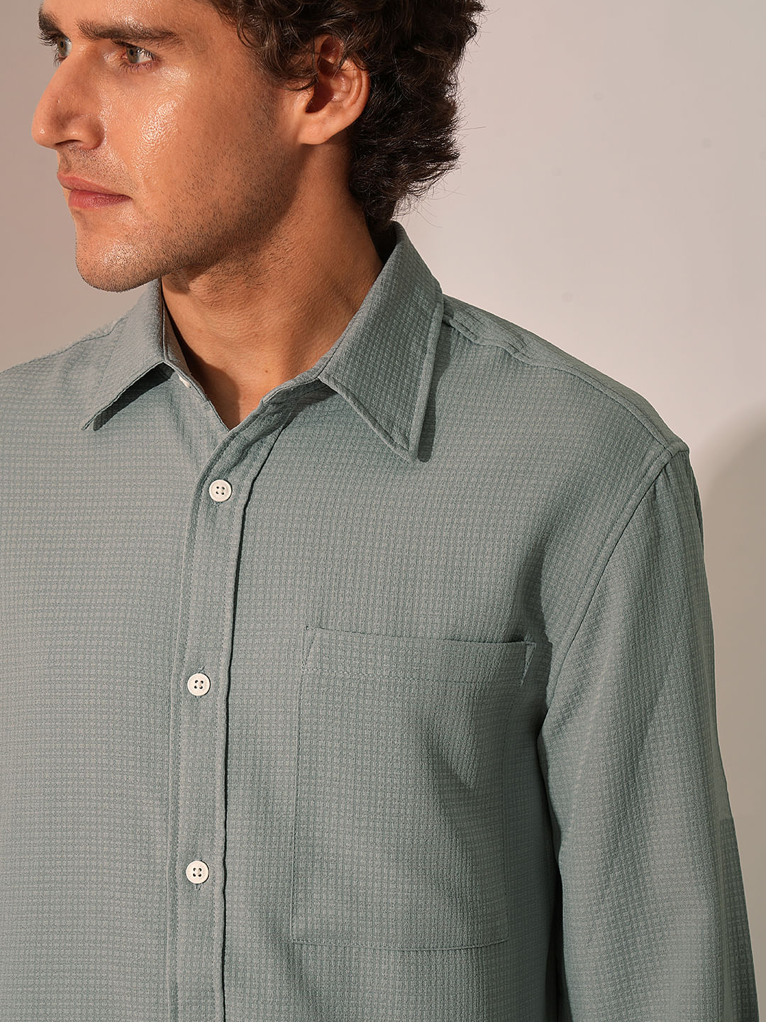 Grey Waffle Textured Cotton Shirt