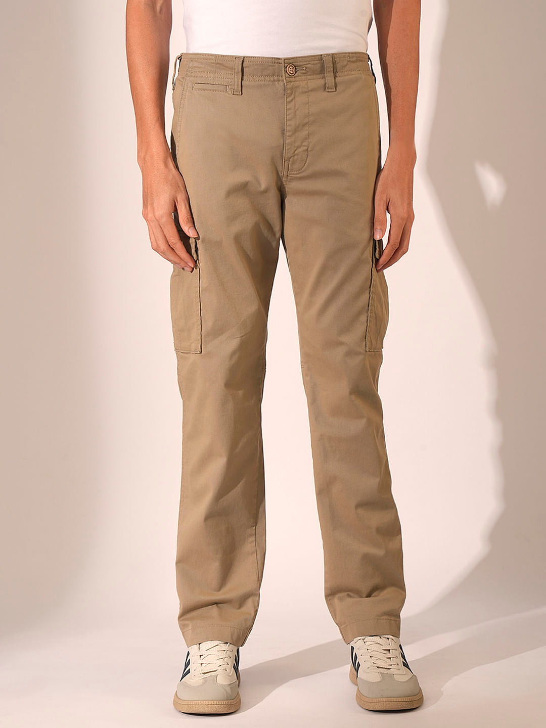 Beige Mid Rise Cargo Pants