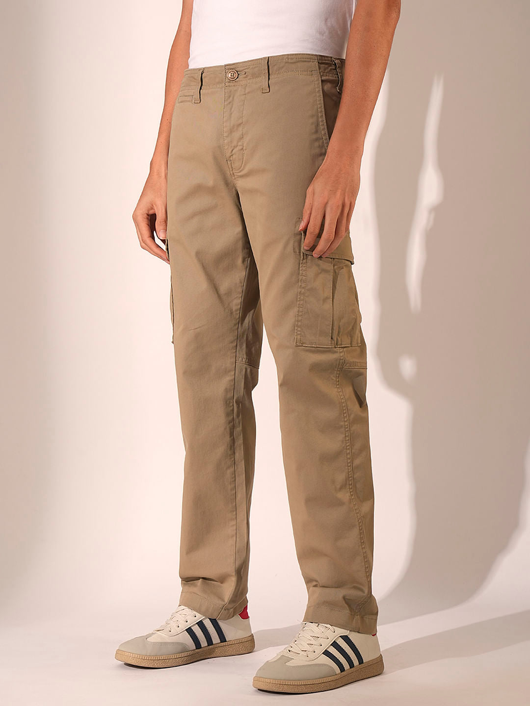 Beige Mid Rise Cargo Pants