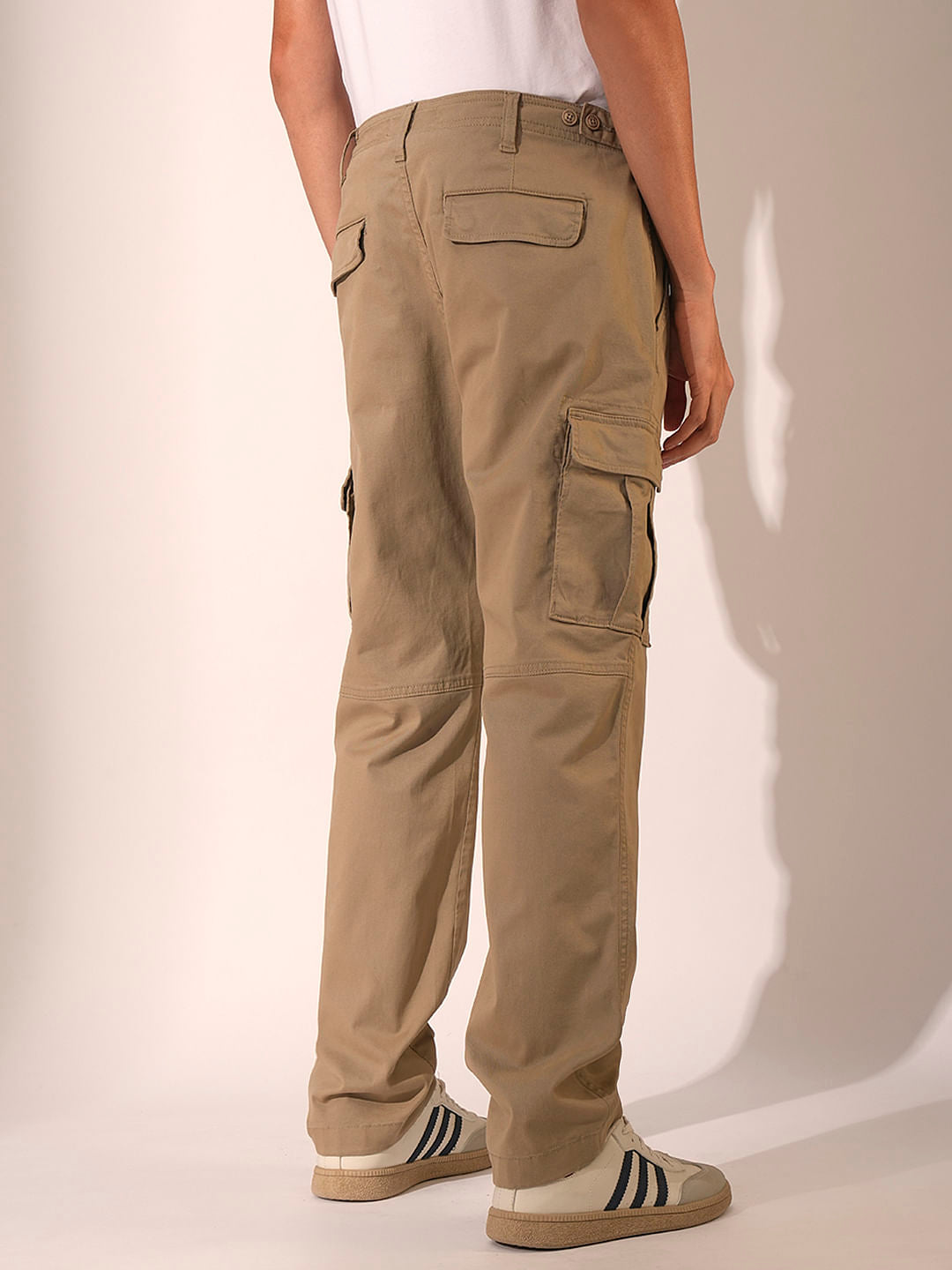 Beige Mid Rise Cargo Pants