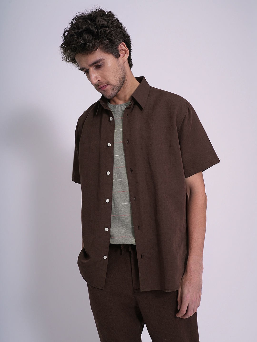 Brown Linen Short Sleeves Shirt
