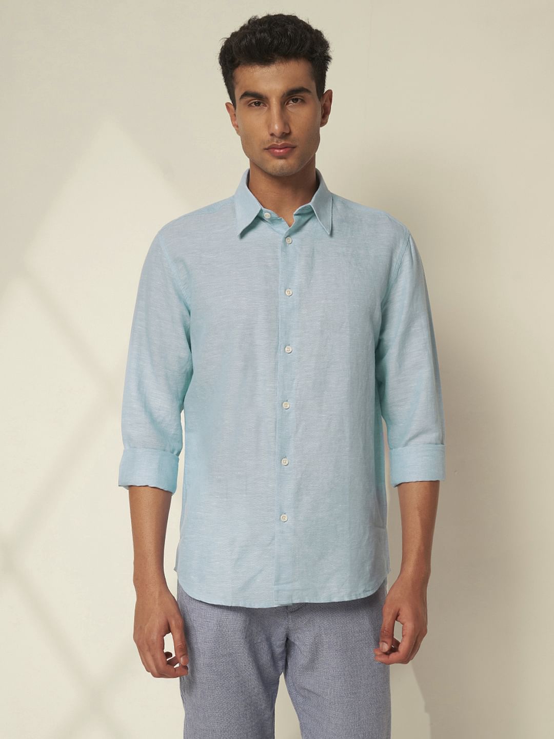 Light Blue Linen Regular Fit Shirt