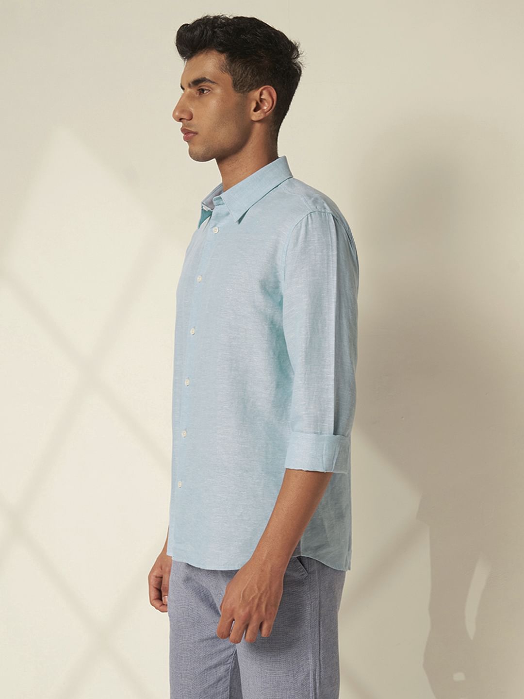 Light Blue Linen Regular Fit Shirt