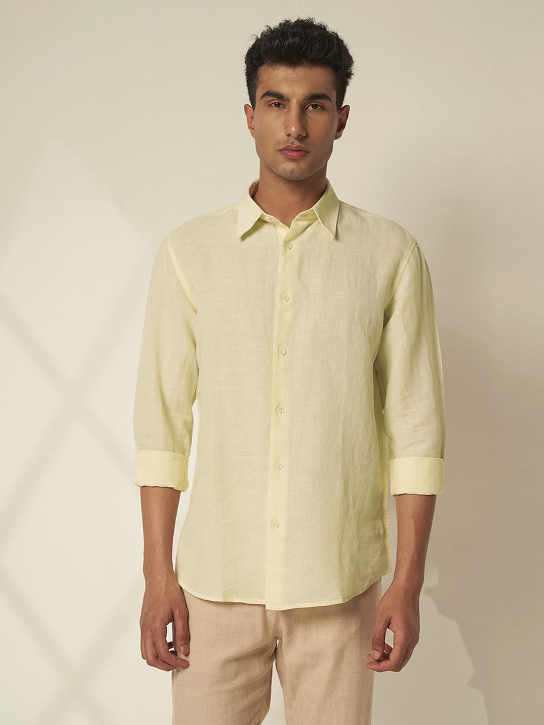 Light Yellow Linen Regular Fit Shirt