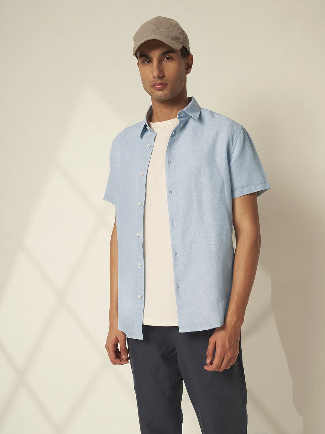 Blue Linen Cuban Collar Shirt