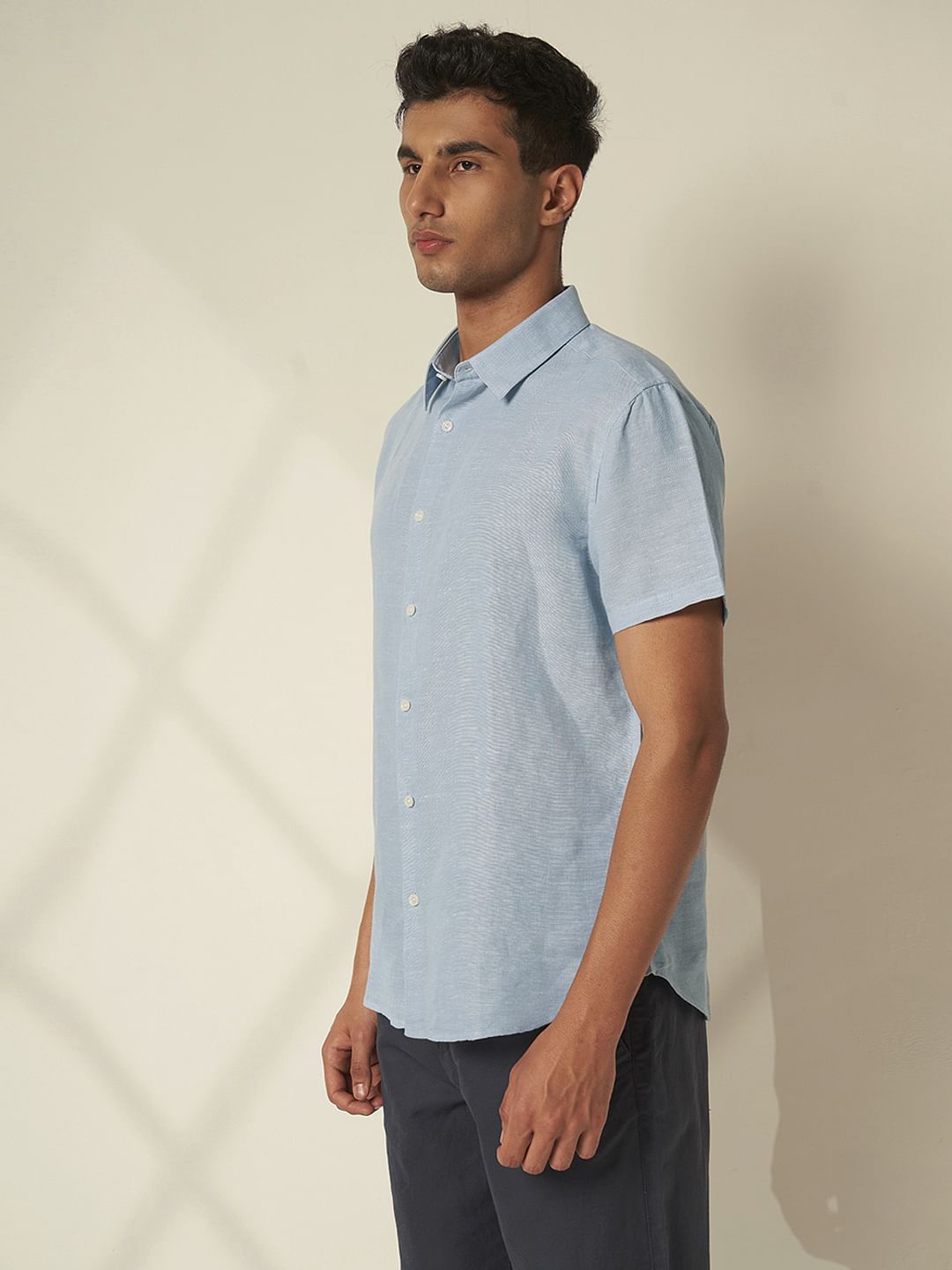 Blue Linen Cuban Collar Shirt