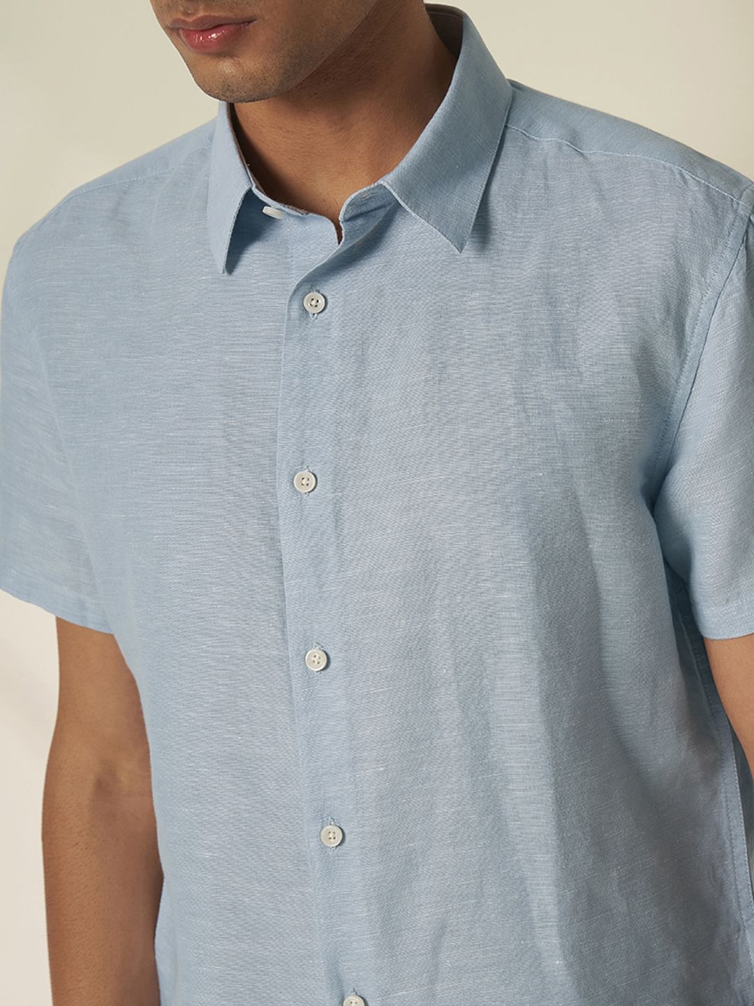 Blue Linen Cuban Collar Shirt
