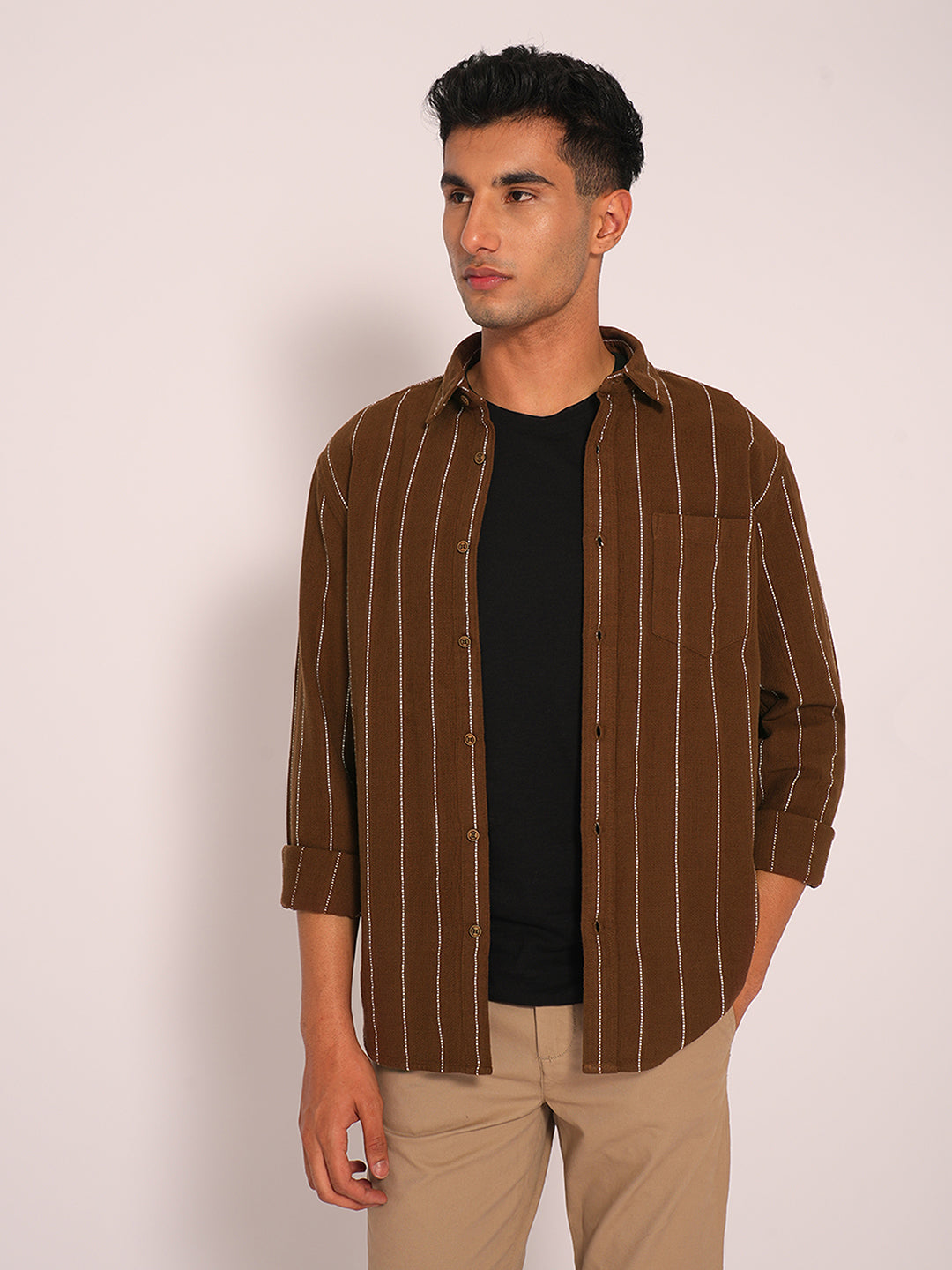 Dark Brown Striped Cotton Shirt